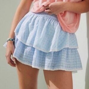 American Eagle Ruffle Tiered Mini Skirt Skort Shorts Blue Eyelet Lace Feminine